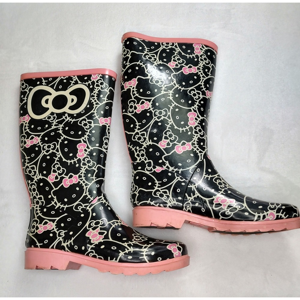 Sanrio Hello Kitty Tallulah Rubber Rain Boots Black Pink Women's Size 6M